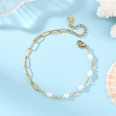 Natural Pearl Rice Beaded Chain Bracelets with 304 Stainless Steel Paperclip Chains BJEW-JB14234-01-1