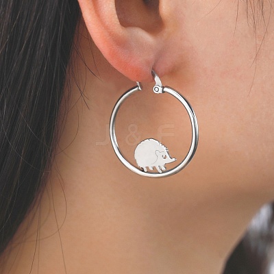 Non-Tarnish 304 Stainless Steel Hedgehog Beaded Hoop Earrings LS-EJEW-F320-02P-1