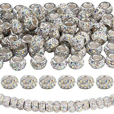 80Pcs Polymer Clay Rhinestone European Large Hole Beads with Silver Color Plated Brass Cores FPDL-LT0001-02D-1