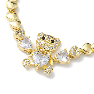 Cubic Zirconia Bear Link Bracelet with Heart Link Chains BJEW-H586-01G-1