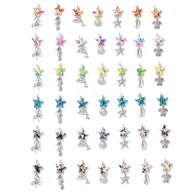 7Pcs 7 Styles Dyed Synthetic Turquoise Starfish & Alloy Sea Animals Pendants PALLOY-JF03754-1