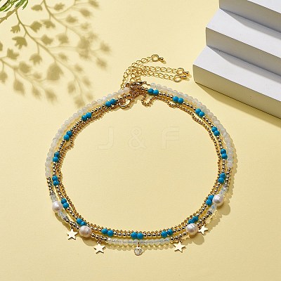 3Pcs 3 Style Natural Pearl & White Moonstone & Synthetic Turquoise & Opalite Beaded Necklaces Set NJEW-JN04000-1