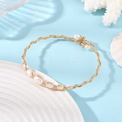 Natural Cultured Freshwater Pearl Rice Graduated Beaded Wire Wrapped Brass Cuff Bangles for Women BJEW-JB14302-1