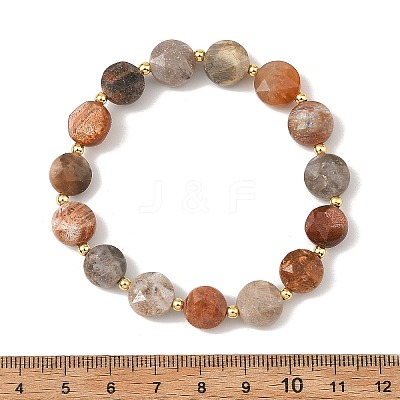 Natural Fossil Coral Faceted Flat Round Beaded Stretch Bracelets with Brass Round Beads for Women BJEW-JB14168-1
