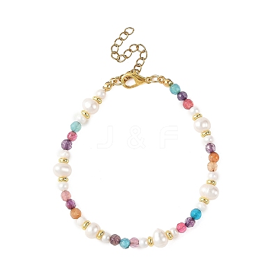 7.5MM Faceted Round Natural Agate(Dyed & Heated) & Natural Freshwater Pearl Beaded Bracelets BJEW-JB14173-1