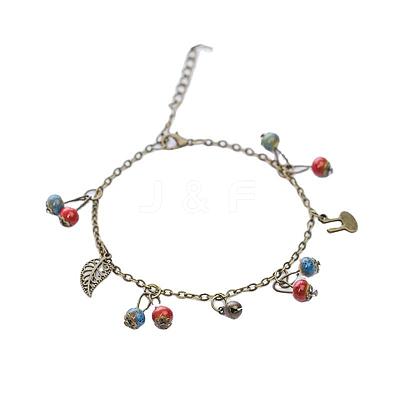 Vintage Alloy Bell Leaf and Porcelain Rondelle Beads Tassel Anklets for Women FS-WG4AD9F-01-1
