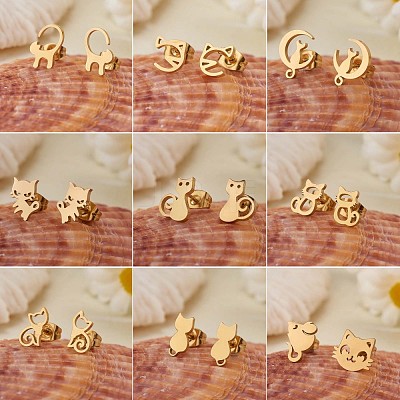 9 Pairs 9 Style 316 Surgical Stainless Steel Cute Kitten Stud Earrings for Women JE933A-1
