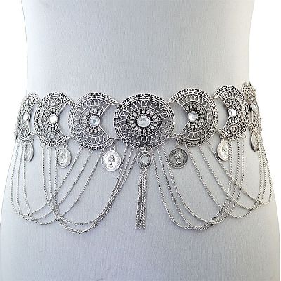 Ethnic Style Alloy Crystal Rhinestone Coin Link Chain Tassel Waist Belly Chains for Dancer FS-WG3C509-02-1