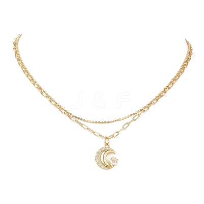 Brass Pave Clear Cubic Zirconia Moon with Star Pendant Necklaces NJEW-JN05383-1