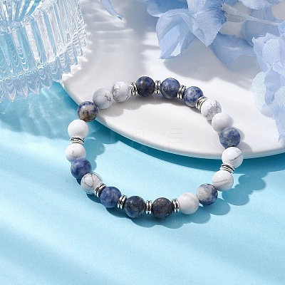 8mm Round Natural Howlite & Blue Spot Jasper Beaded Stretch Bracelets for Women BJEW-TA00529-1
