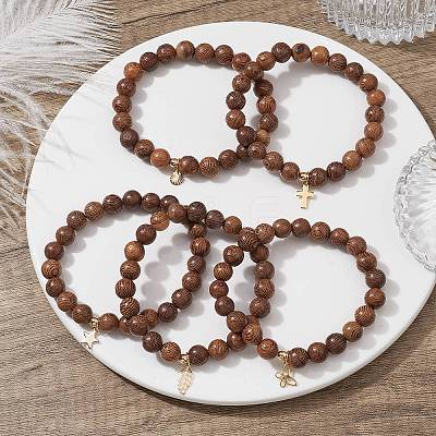 5Pcs 5 Style Natural Wenge Wood Round Beaded Stretch Bracelets Set BJEW-JB10012-1