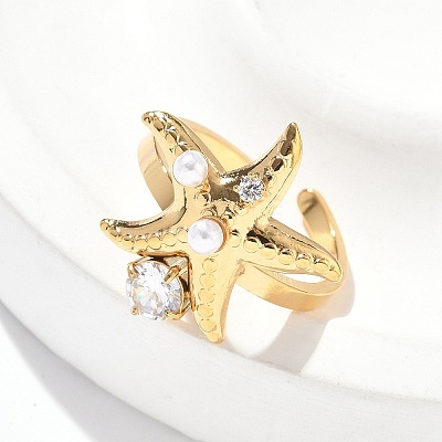 304 Stainless Steel Micro Pave Cubic Zirconia Plastic Pearl Cuff Rings RJEW-D310-02A-G-1