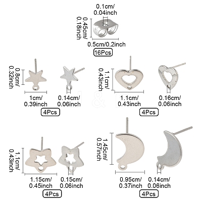 16Pcs 4 Styles 304 Stainless Steel Stud Earring Findings STAS-FS0001-85P-1