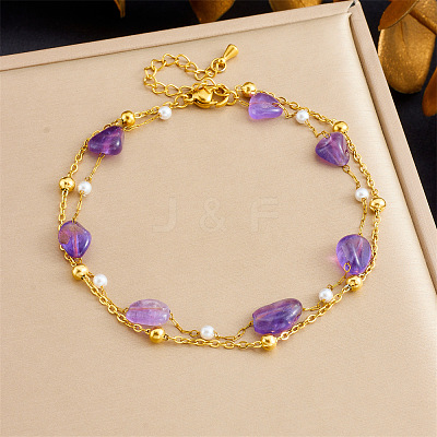 304 Stainless Steel & Plastic Pearl & Nuggets Natural Amethyst Double Layer Anklets FS-WGF7C82-02-1