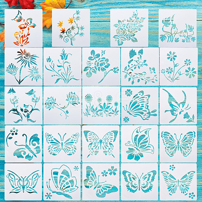 2Sets Square with Floral & Butterfly Pattern PET Drawing Stencil DIY-CW0001-12-1