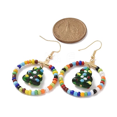 Glass Seed Beaded Ring with Lampwork Christmas Tree Dangle Earrings EJEW-TA00231-1