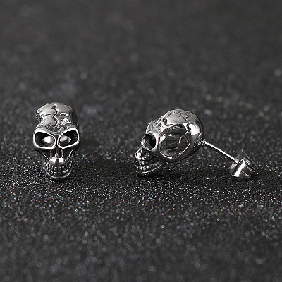 304 Stainless Steel Skull Stud Earrings EJEW-C163-01AS-1