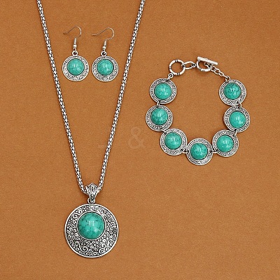 Alloy with Synthetic Turquoise Pendant Necklaces & Link Bracelets & Dangle Earring Sets WGBFEA3-07-1