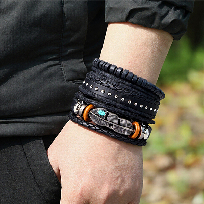 1Pc Cowhide & Imitation Leather Cord Knitted Multi-strand Bracelets AJEW-GF0011-50E-1