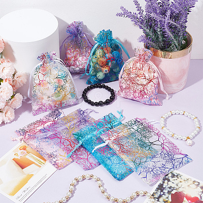 100Pcs 4 Colors Rectangle Lace Organza Drawstring Gift Bags OP-NB0001-15-1