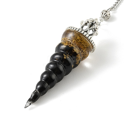 Resin Dowsing Pendulum Pendants with Natural Obsidian Chips inside and Iron Chain & Alloy Caps GG-CBAEAD2-01C-1