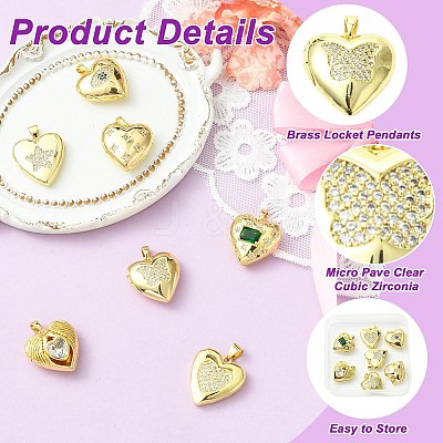 7Pcs 7 Styles Brass Micro Pave Clear Cubic Zirconia Locket Pendants FIND-CJ0005-08-1