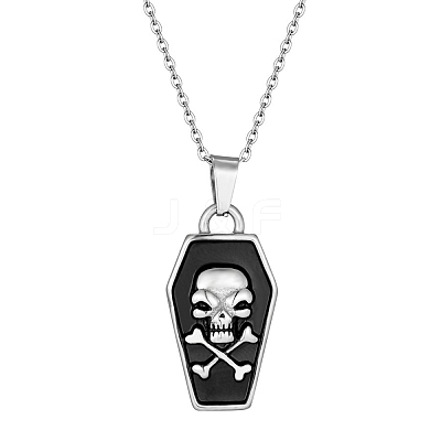 Halloween Theme 304 Stainless Steel Black Enamel Coffin with Skull Pendant Necklaces for Men NJEW-Z090-01P-1
