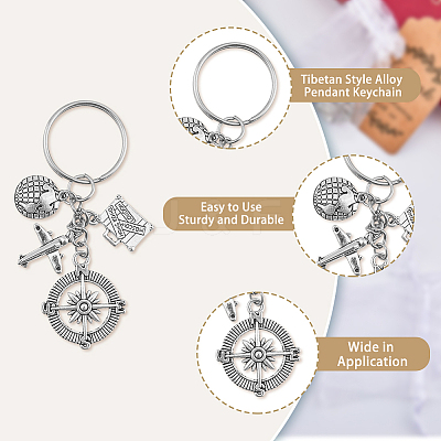 Compass Airplane Earth Suitcase Tibetan Style Alloy Pendant Keychain KEYC-PH01482-1