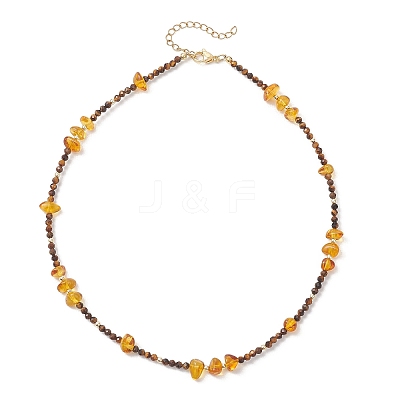 Natural Amber Chip and Faceted Round Tiger Eye Beaded Necklaces NJEW-JN05880-1