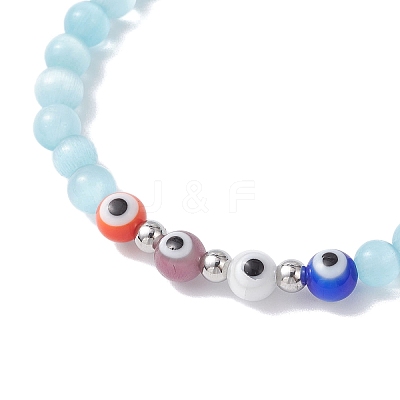 4Pcs 4 Colors Cat Eye & Handmade Evil Eye Lampwork Round Beaded Stretch Bracelets for Women BJEW-JB12289-1
