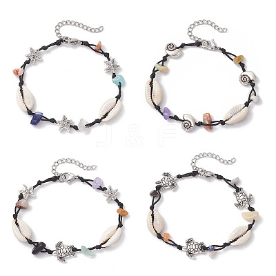 4Pcs Natural & Synthetic Gemstone Chip Beads & Cowrie Shell Beads Braided Bead Bracelets BJEW-JB11834-1