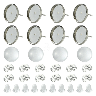 160Pcs 4 Styles Flat Round 304 Stainless Steel Stud Earring Settings with Transparent Glass Cabochons with 304 Stainless Steel Ear Nuts with Plastic Ear Nuts FIND-YW0005-37-1