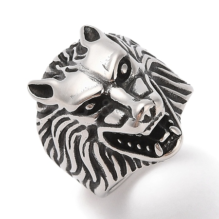 Viking 304 Stainless Steel Wolf Head Wide Finger Rings for Mens RJEW-U005-16A-AS-1