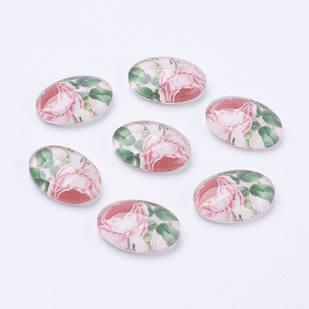 Rose Flower Dome Oval Tempered Glass Flat Back Cabochons X-GGLA-R190-1-1