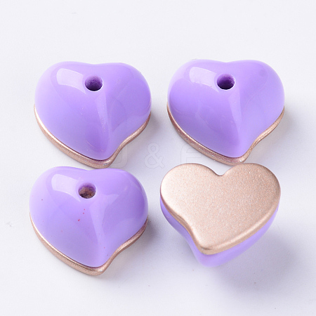  Jewelry Beads Findings Opaque Acrylic Beads, Two Tone, with Rose Gold Plated Flat Plate, Half Drilled, Heart, Lilac, 15x18x13.5mm, Half Hole: 2.5mm