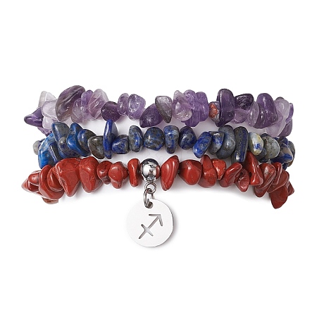 3Pcs 3 Styles Natural Amethyst & Lapis Lazuli &  Red Jasper Chips Stretch Bracelets Sets BJEW-JB11076-11-1