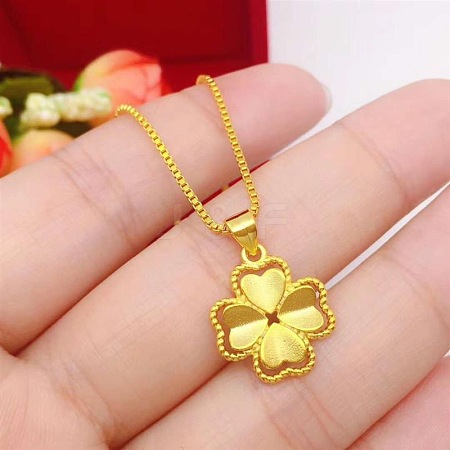 Brass Clover Pendant Box Chain Necklaces NJEW-P324-02G-1