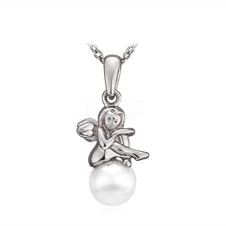 Classic Angel Real Platinum Plated Eco-Friendly Tin Alloy Round Imitation Pearl Necklaces For Women NJEW-BB14001-P-1