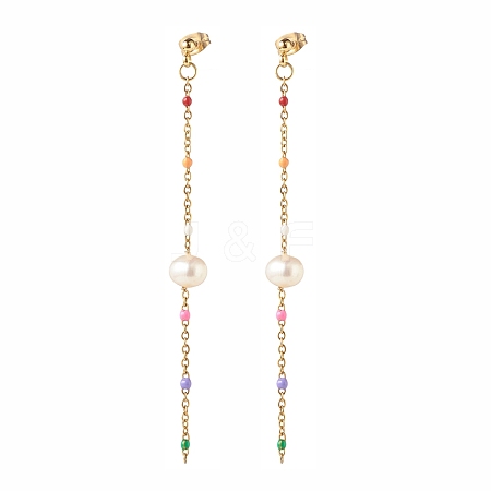 Natural Pearl Beaded Long Chain Dangle Stud Earrings for Women EJEW-JE04820-1