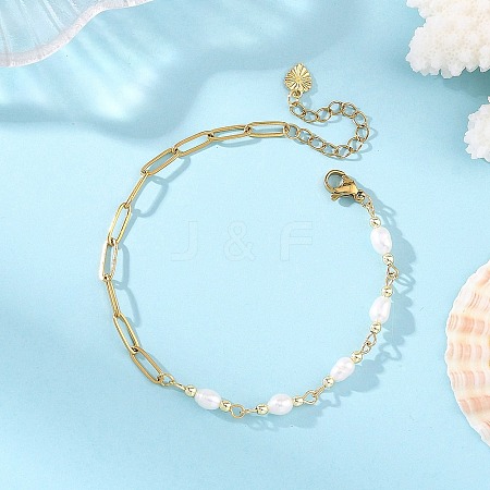 Natural Pearl Rice Beaded Chain Bracelets with 304 Stainless Steel Paperclip Chains BJEW-JB14234-01-1