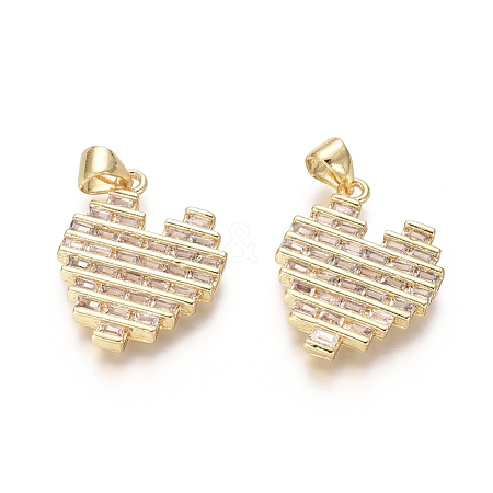  Jewelry Beads Findings Golden Plated Brass Pendants, with Cubic Zirconia, Heart, Clear, 21x16.5x2.5mm, Hole: 3.5x4mm