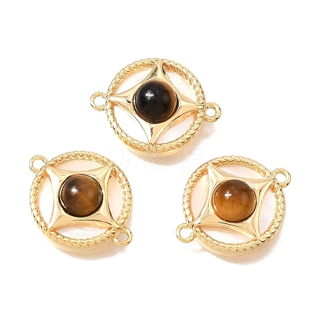 Natural Tiger Eye & Natural Shell Brass Flat Round Links Connector Charms KK-N289-16G-01-1