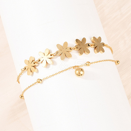 Flower 304 Stainless Steel Satellite Chains Double Layers Anklets BJEW-H643-05G-1