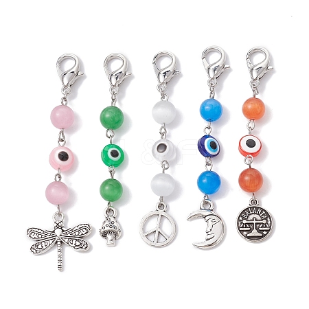 Cat Eye & Resin Evil Eye Round Pendant Decorations HJEW-JM01400-1