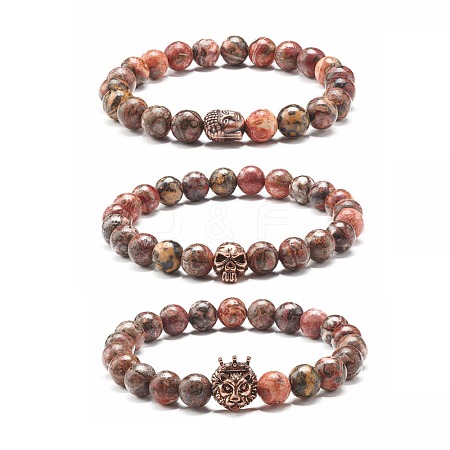 Natural Leopard Skin Jasper Round Beads Yoga Stretch Bracelet for Men Women BJEW-JB06928-1