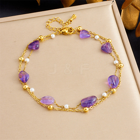 304 Stainless Steel & Plastic Pearl & Nuggets Natural Amethyst Double Layer Anklets FS-WGF7C82-02-1