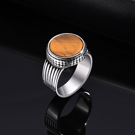 304 Stainless Steel with Natural Tiger Eye Finger Rings for Men FS-WGE1297-04-1