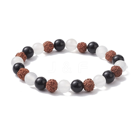 Natural Rudraksha & Selenite & Eyeless Obsidian Beaded Stretch Bracelets BJEW-JB10115-01-1