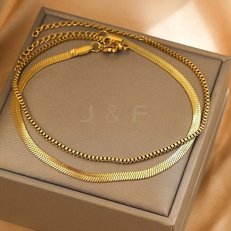304 Stainless Steel Flat Snake Chain & Box Chain Double Layer Anklets for Women AJEW-F069-02G-1