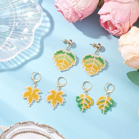304 Stainless Steel Glass Seed Beads Leaf Hoop Earring & Stud Earring Sets EJEW-MZ00536-1